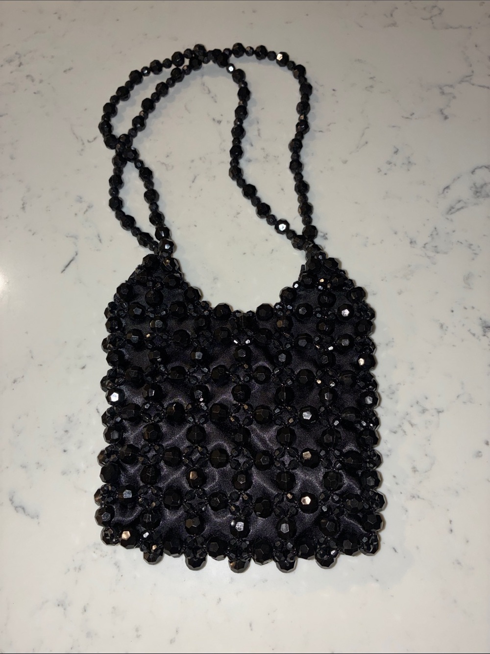 chic black mini shoulder bag faceted crystal-like beads & double bead handles